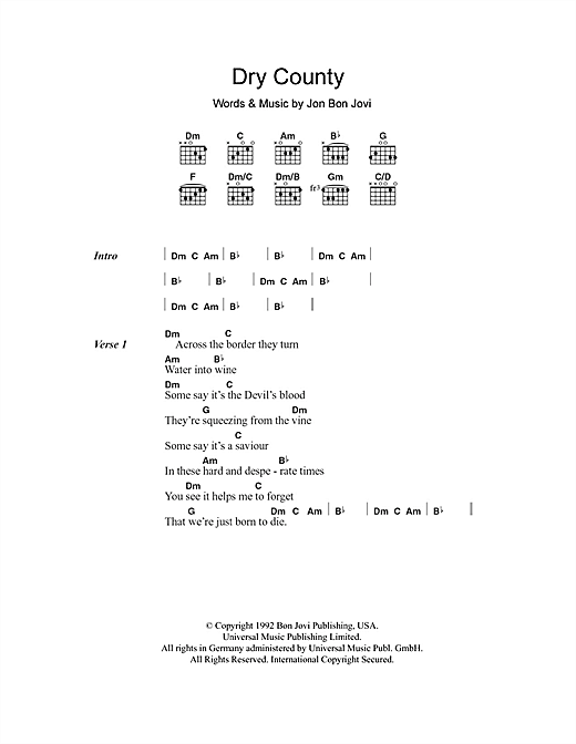 Bon Jovi Dry County sheet music notes and chords arranged for Guitar Chords/Lyrics