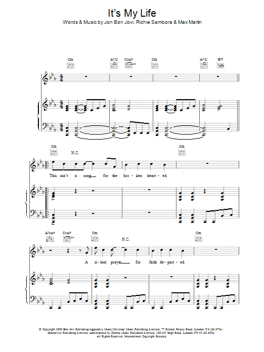 Bon Jovi It's My Life sheet music notes and chords. Download Printable PDF.