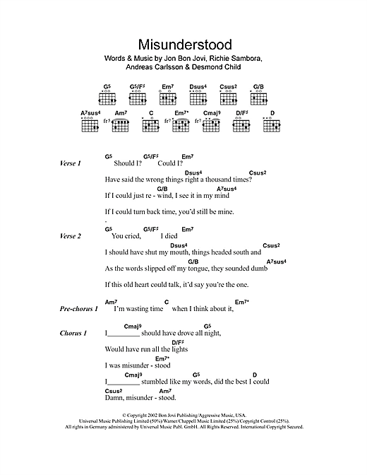 Bon Jovi Misunderstood sheet music notes and chords arranged for Guitar Chords/Lyrics