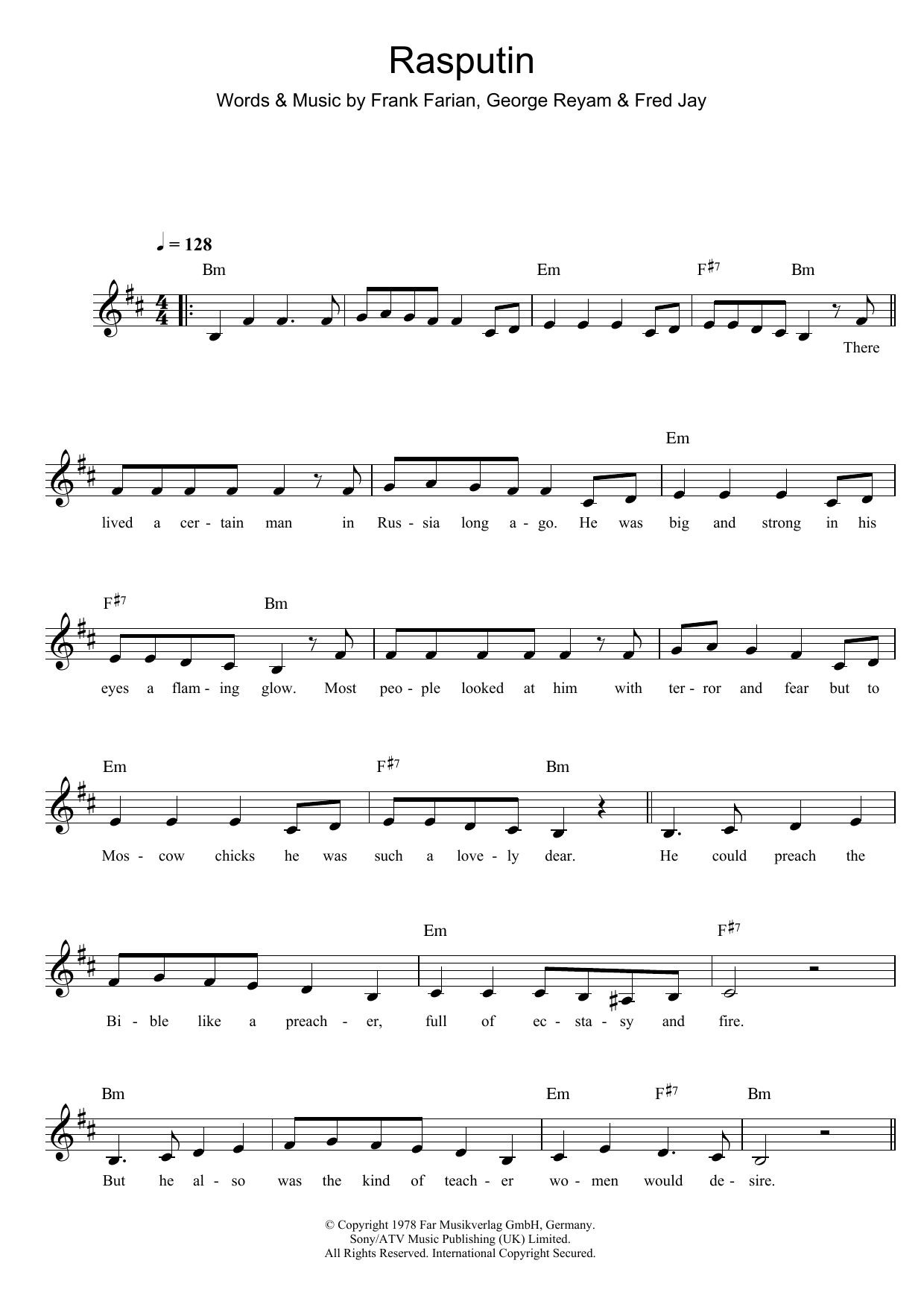 Boney M Rasputin sheet music notes and chords arranged for Lead Sheet / Fake Book