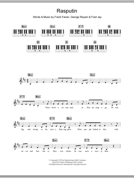 Boney M Rasputin sheet music notes and chords arranged for Lead Sheet / Fake Book