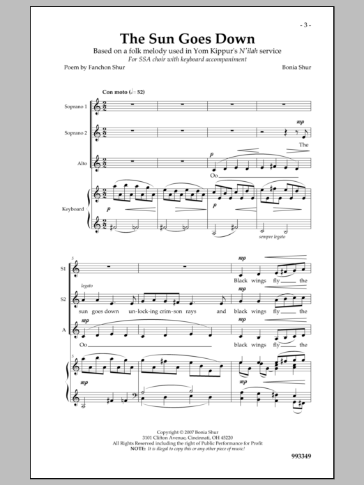 Bonia Shur The Sun Goes Down sheet music notes and chords arranged for SSA Choir