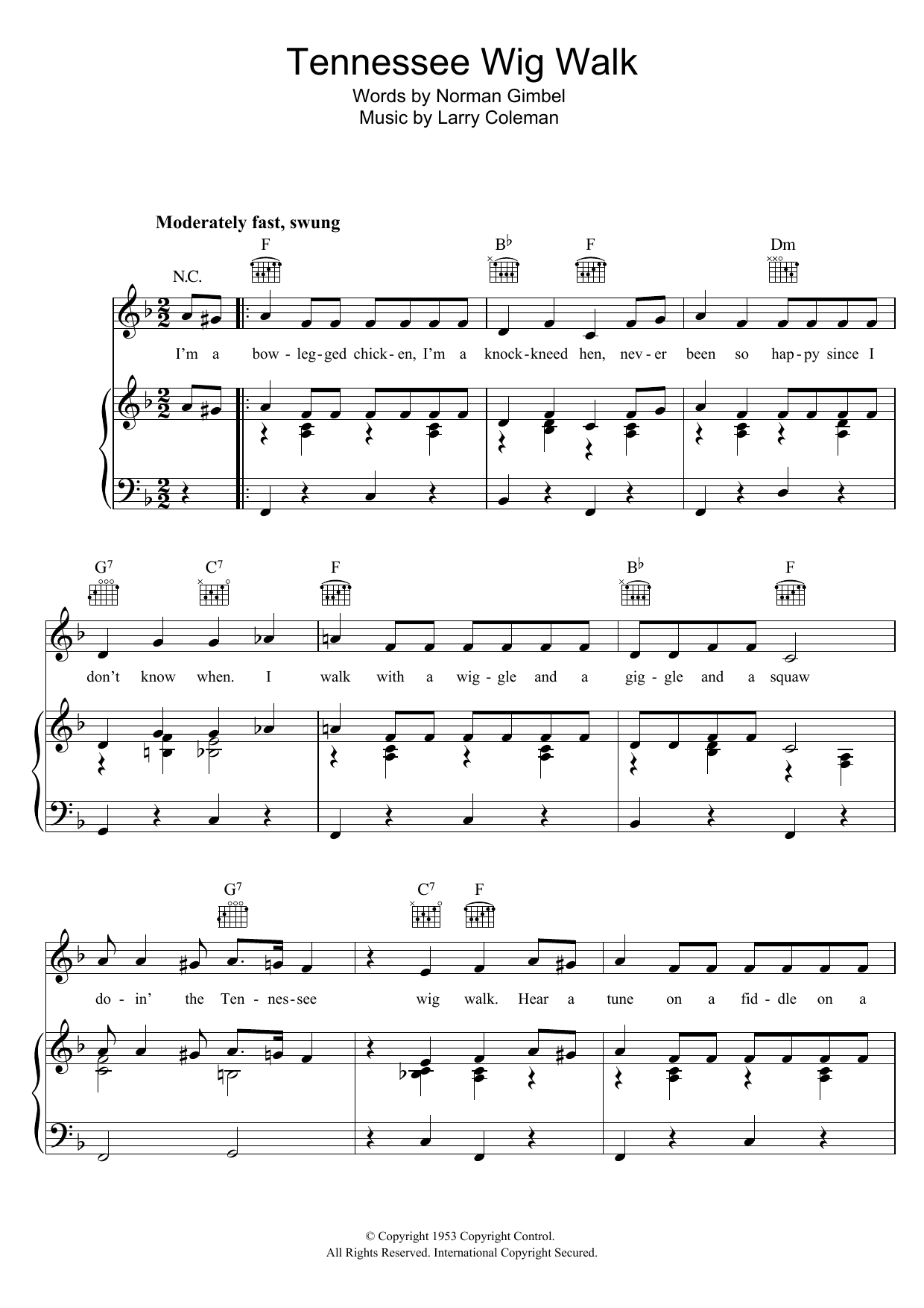 Bonnie Lou Tennessee Wig Walk sheet music notes and chords arranged for Piano, Vocal & Guitar Chords