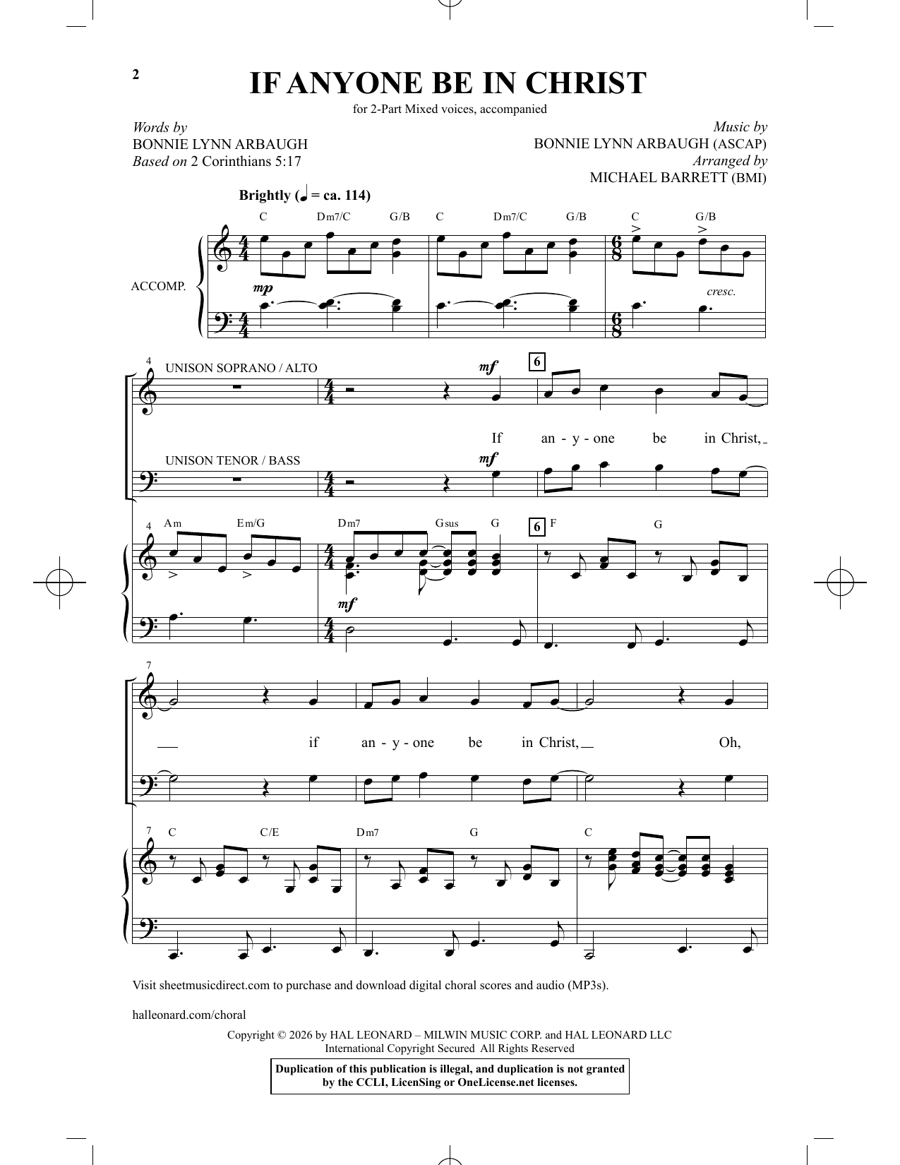 Bonnie Lynn Arbaugh If Anyone Be In Christ (arr. Michael Barrett) sheet music notes and chords arranged for 2-Part Choir