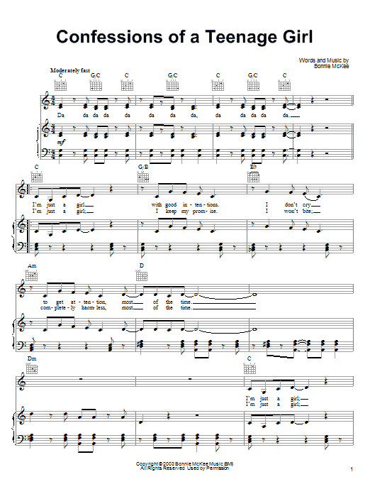 Bonnie McKee Confessions Of A Teenage Girl sheet music notes and chords arranged for Piano, Vocal & Guitar Chords (Right-Hand Melody)