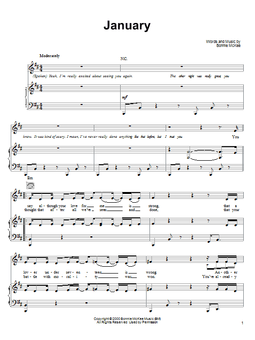 Bonnie McKee January sheet music notes and chords arranged for Piano, Vocal & Guitar Chords (Right-Hand Melody)