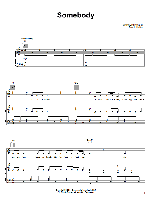 Bonnie McKee Somebody sheet music notes and chords arranged for Piano, Vocal & Guitar Chords (Right-Hand Melody)