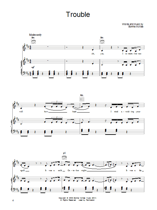 Bonnie McKee Trouble sheet music notes and chords arranged for Piano, Vocal & Guitar Chords (Right-Hand Melody)