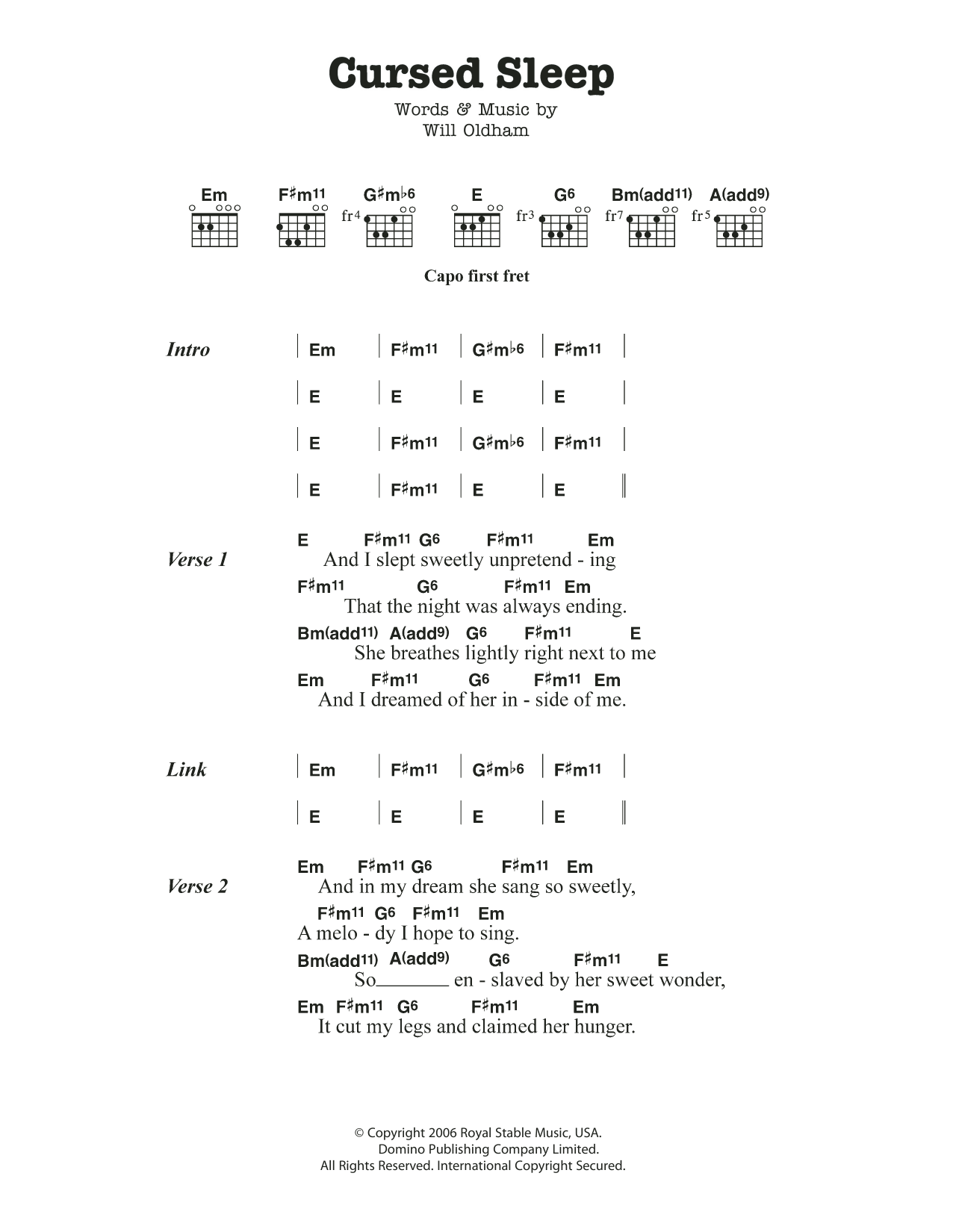 Bonnie ‘Prince’ Billy Cursed Sleep sheet music notes and chords arranged for Guitar Chords/Lyrics