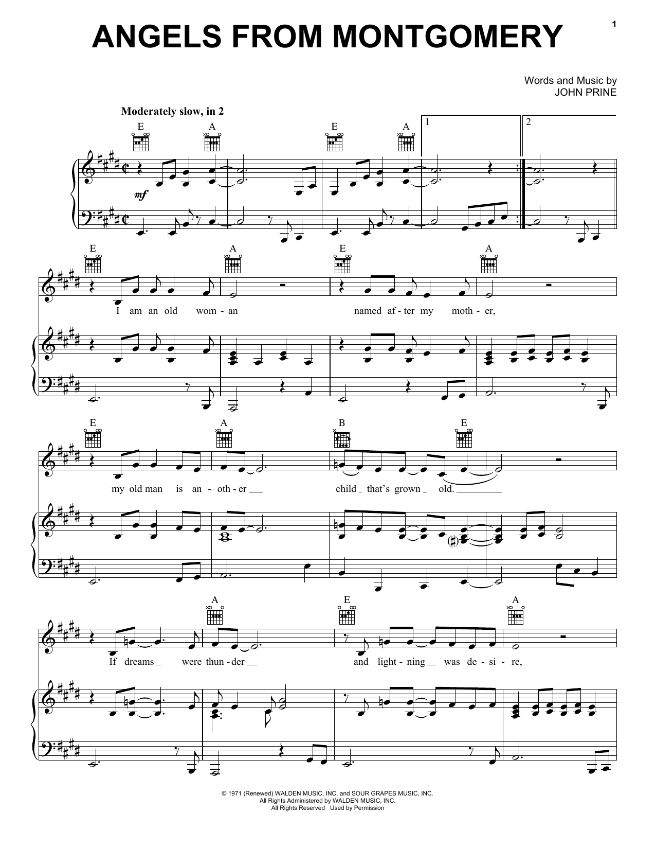 Bonnie Raitt Angels From Montgomery sheet music notes and chords arranged for Piano, Vocal & Guitar Chords (Right-Hand Melody)