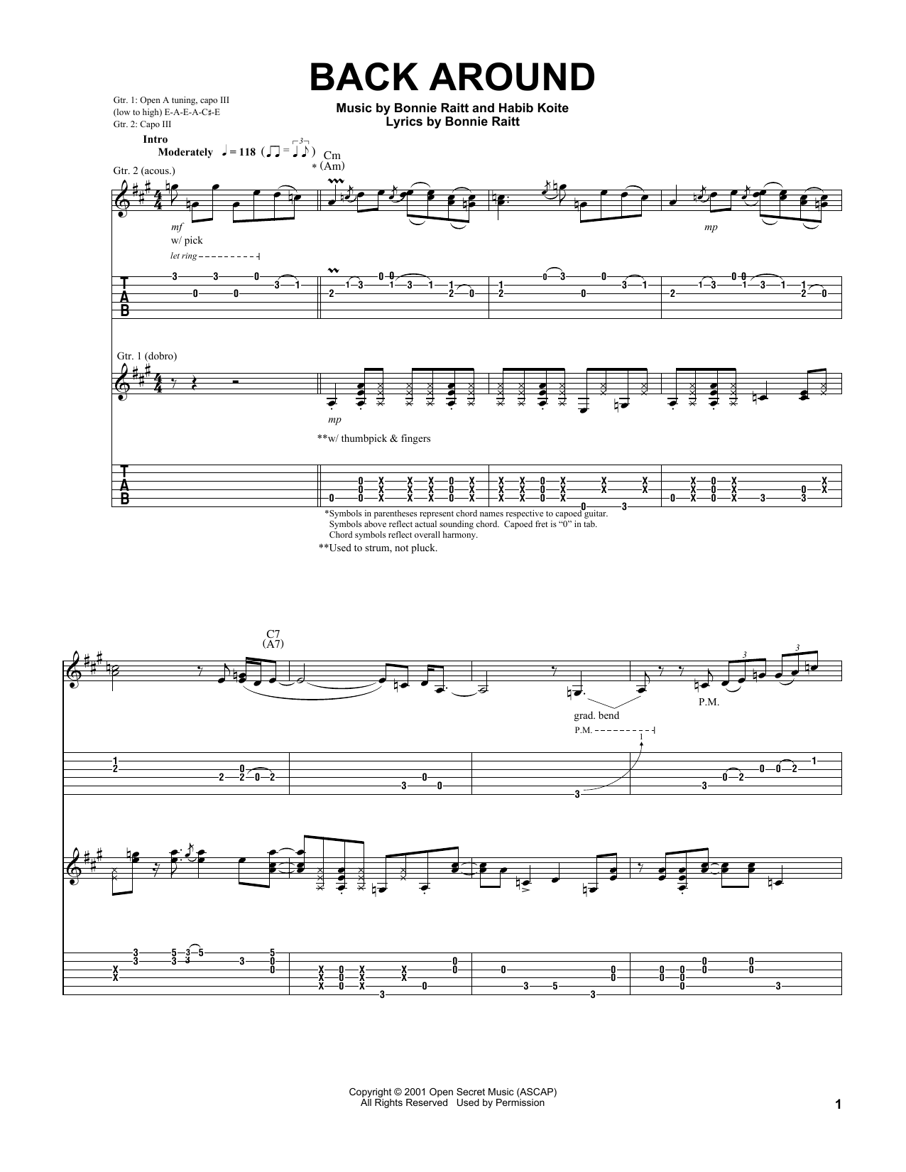 Bonnie Raitt Back Around sheet music notes and chords arranged for Guitar Tab