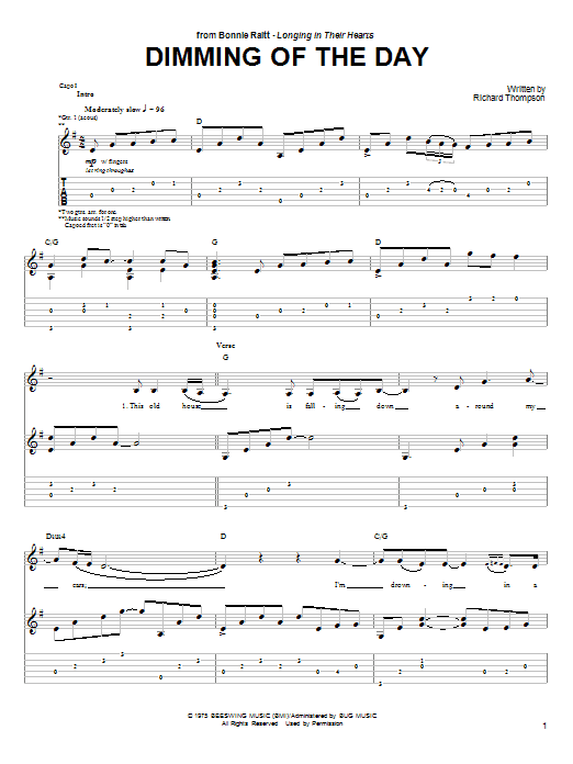 Bonnie Raitt Dimming Of The Day sheet music notes and chords arranged for Guitar Chords/Lyrics