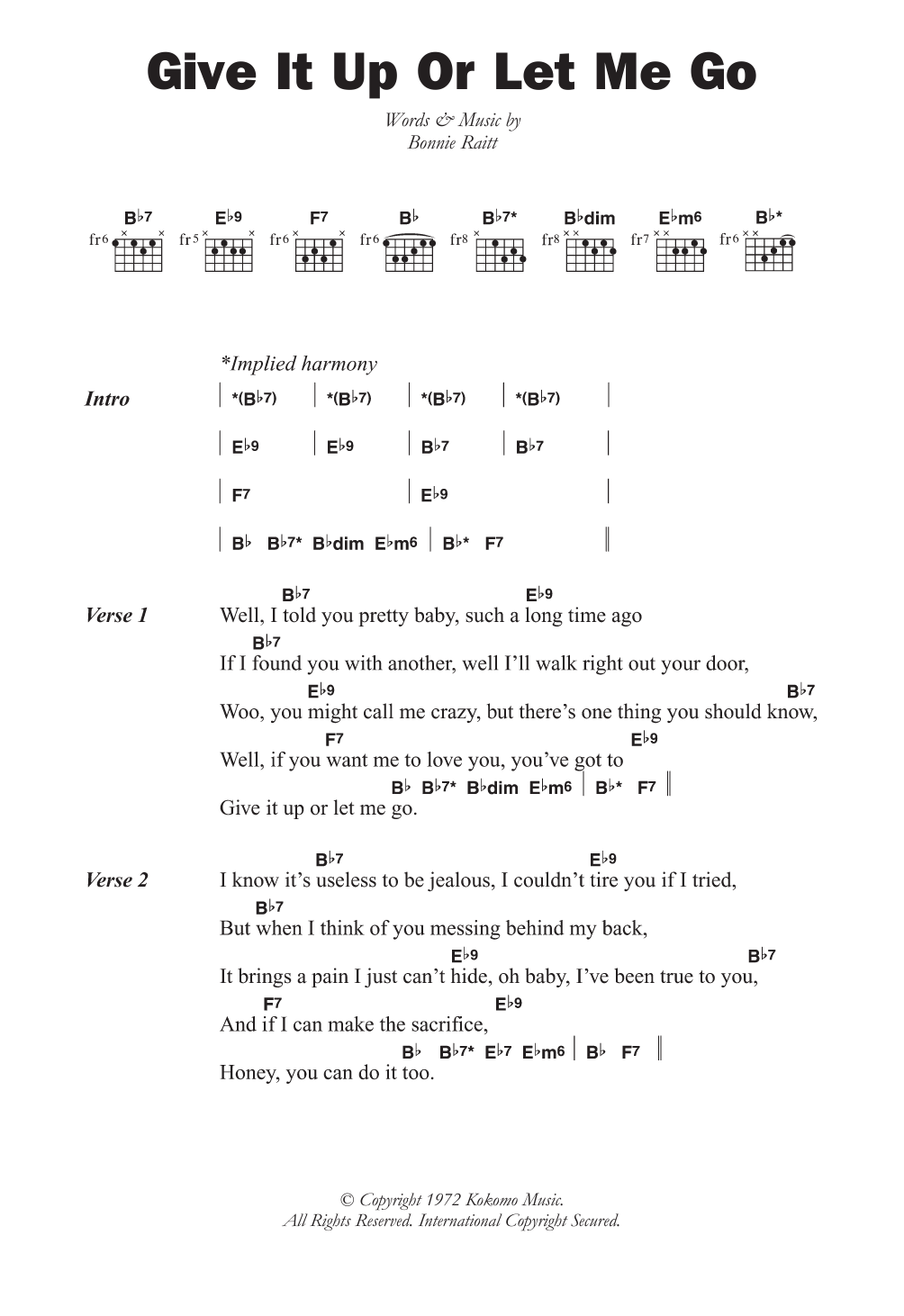 Bonnie Raitt Give It Up Or Let Me Go sheet music notes and chords arranged for Guitar Chords/Lyrics