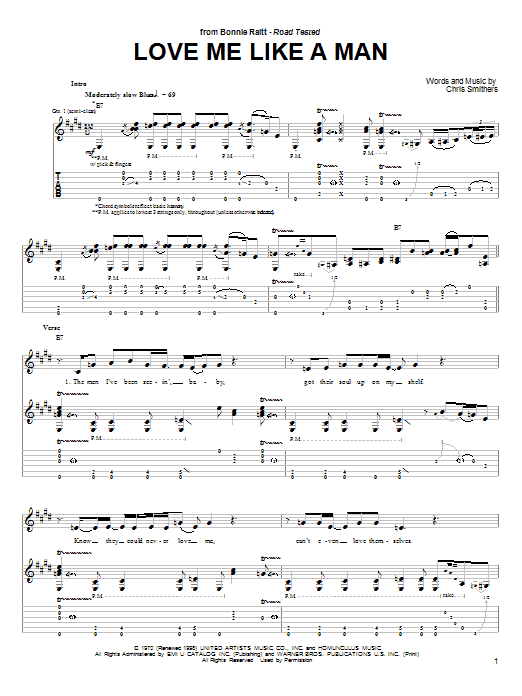 Bonnie Raitt Love Me Like A Man sheet music notes and chords arranged for Guitar Tab
