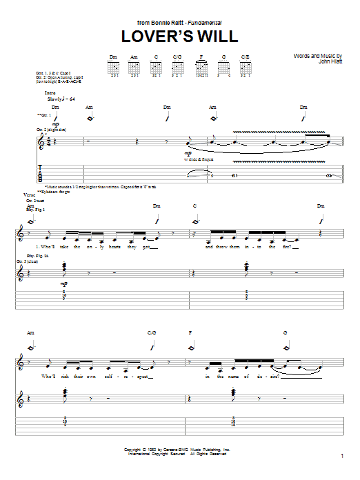 Bonnie Raitt Lover's Will sheet music notes and chords arranged for Guitar Tab