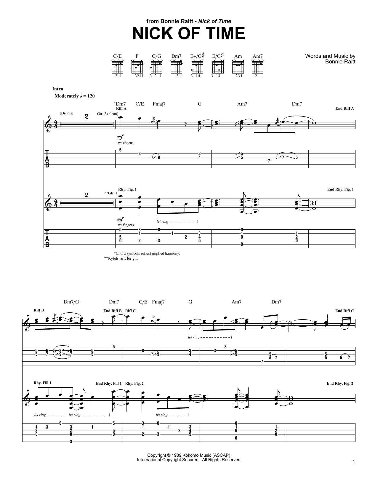 Bonnie Raitt Nick Of Time sheet music notes and chords arranged for Guitar Tab