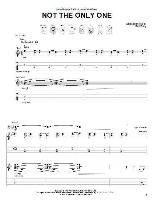 Bonnie Raitt Not The Only One sheet music notes and chords arranged for Guitar Tab