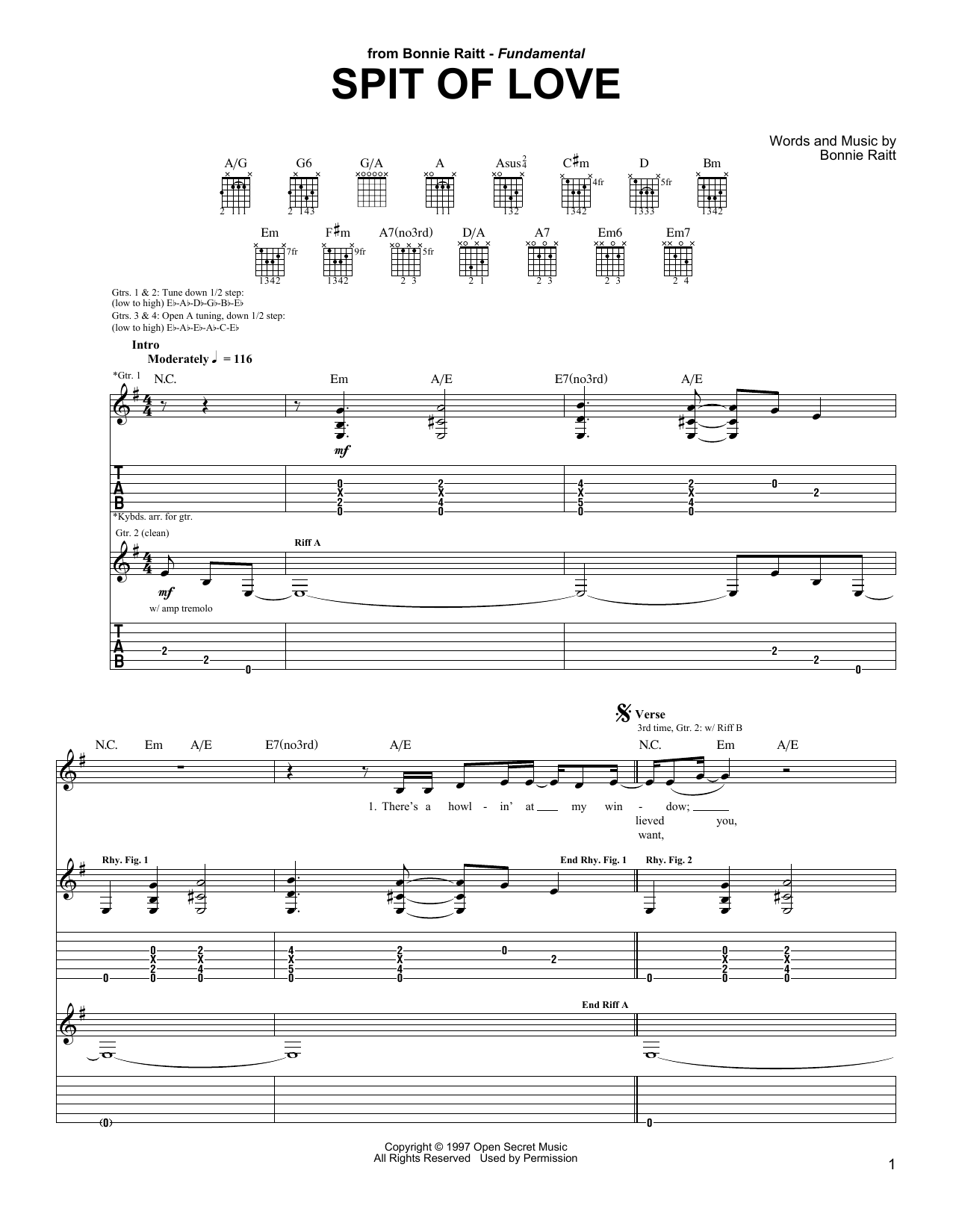 Bonnie Raitt Spit Of Love sheet music notes and chords arranged for Guitar Tab