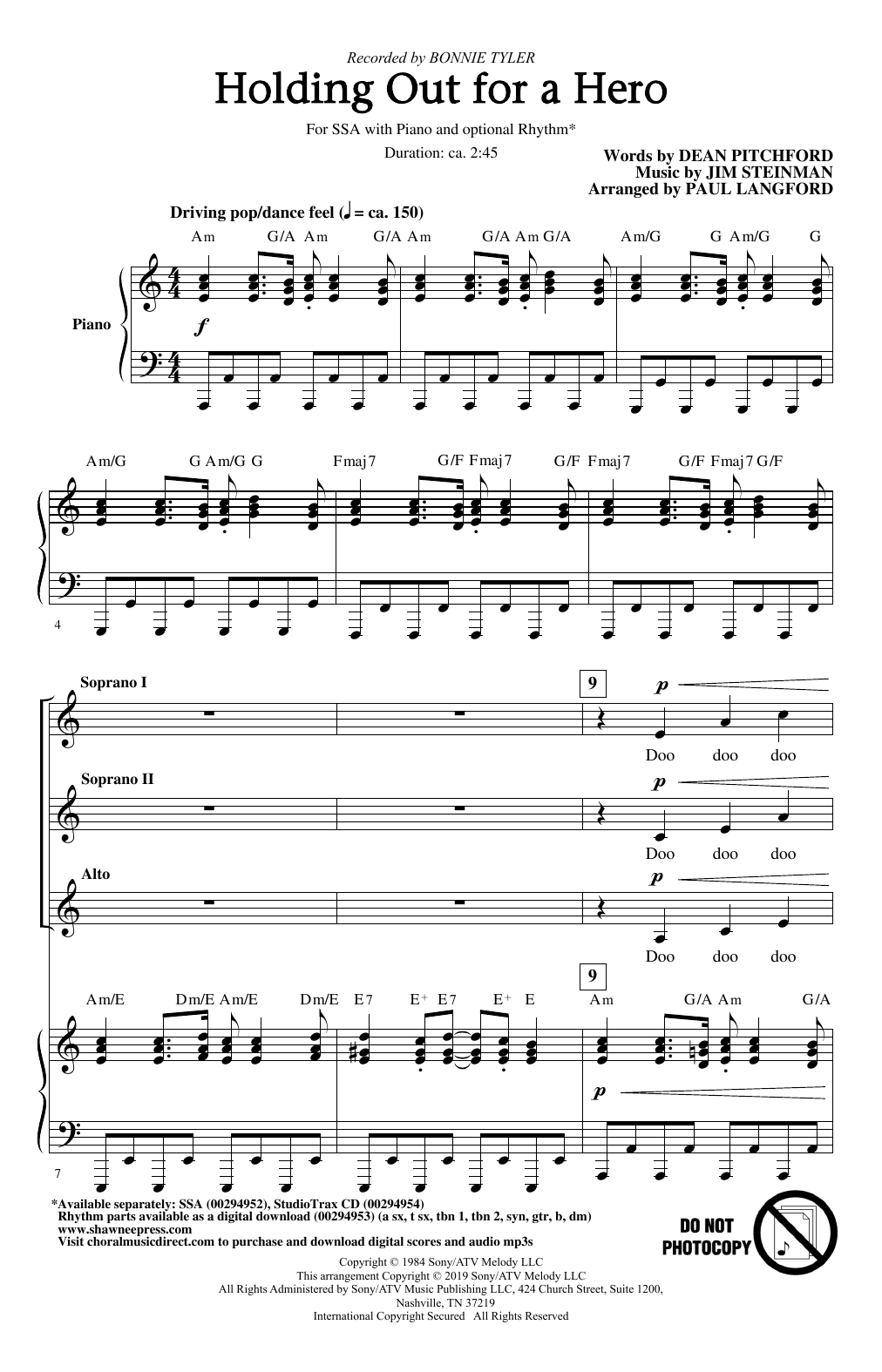 Bonnie Tyler Holding Out For A Hero (from Footloose) (arr. Paul Langford) sheet music notes and chords arranged for SSA Choir