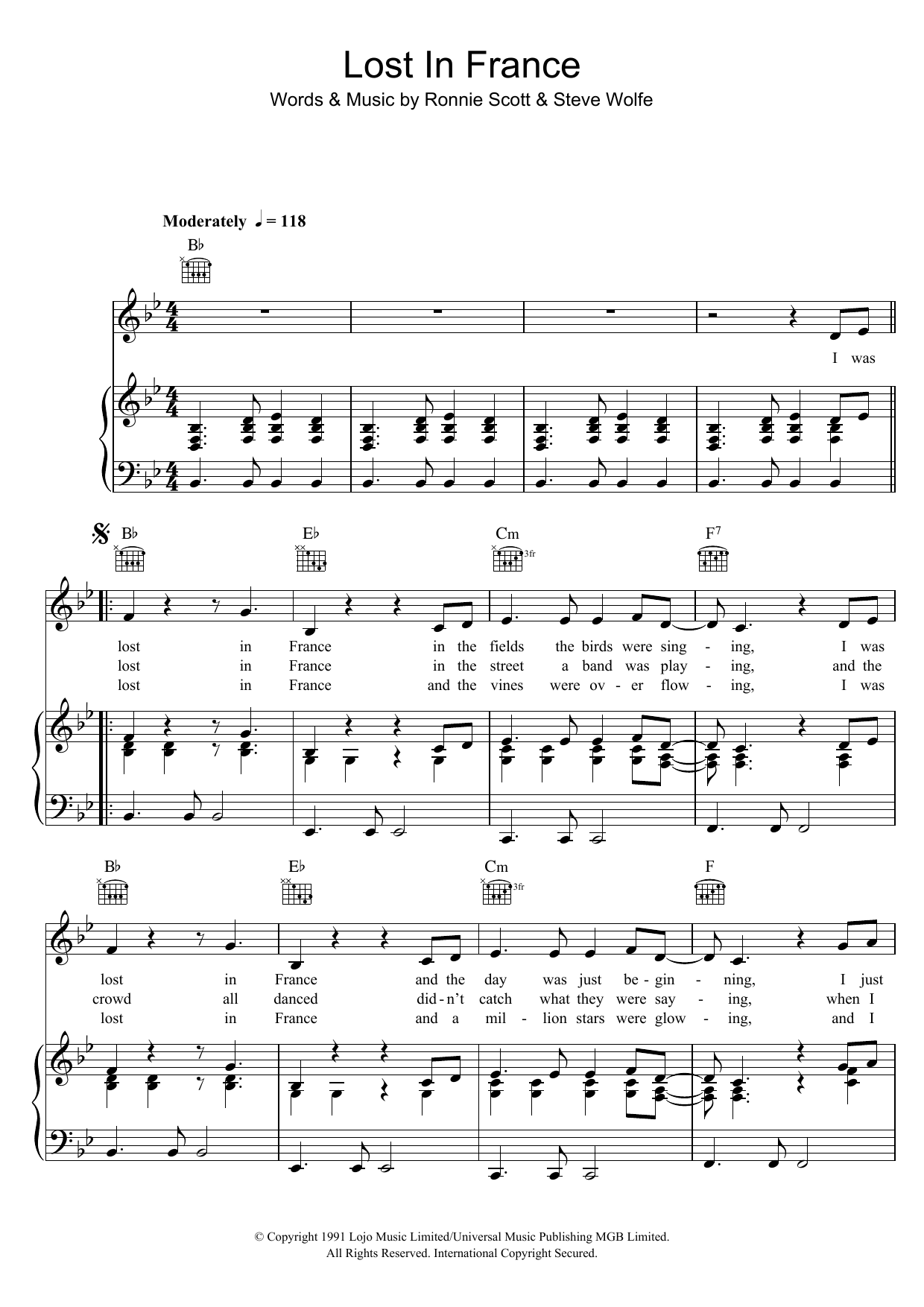 Bonnie Tyler Lost In France sheet music notes and chords arranged for Piano, Vocal & Guitar Chords