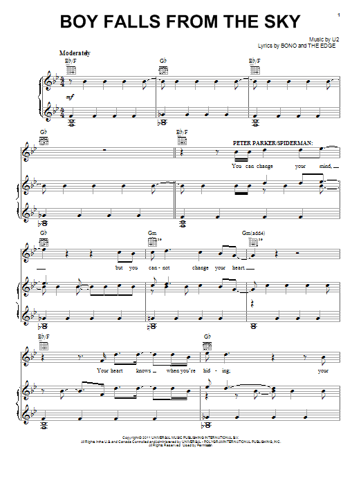 Bono & The Edge Boy Falls From The Sky sheet music notes and chords arranged for Piano, Vocal & Guitar Chords (Right-Hand Melody)