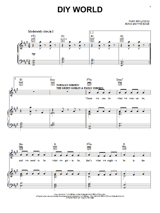 Bono & The Edge DIY World sheet music notes and chords arranged for Piano, Vocal & Guitar Chords (Right-Hand Melody)
