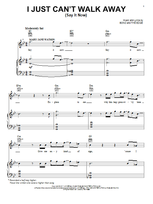 Bono & The Edge I Just Can't Walk Away (Say It Now) sheet music notes and chords arranged for Piano, Vocal & Guitar Chords (Right-Hand Melody)