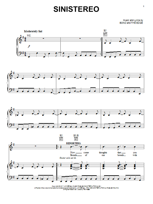 Bono & The Edge Sinistereo sheet music notes and chords arranged for Piano, Vocal & Guitar Chords (Right-Hand Melody)