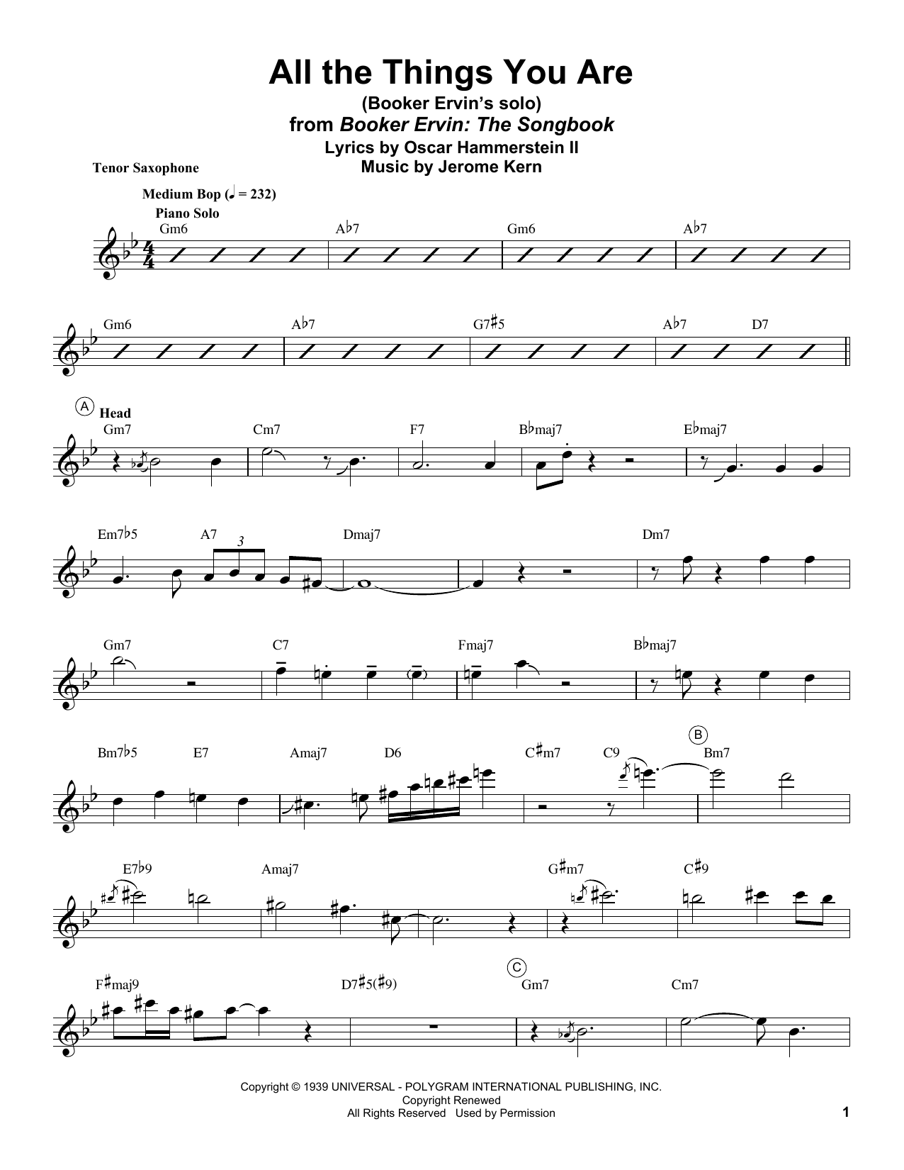 Booker Ervin All The Things You Are sheet music notes and chords arranged for Tenor Sax Transcription