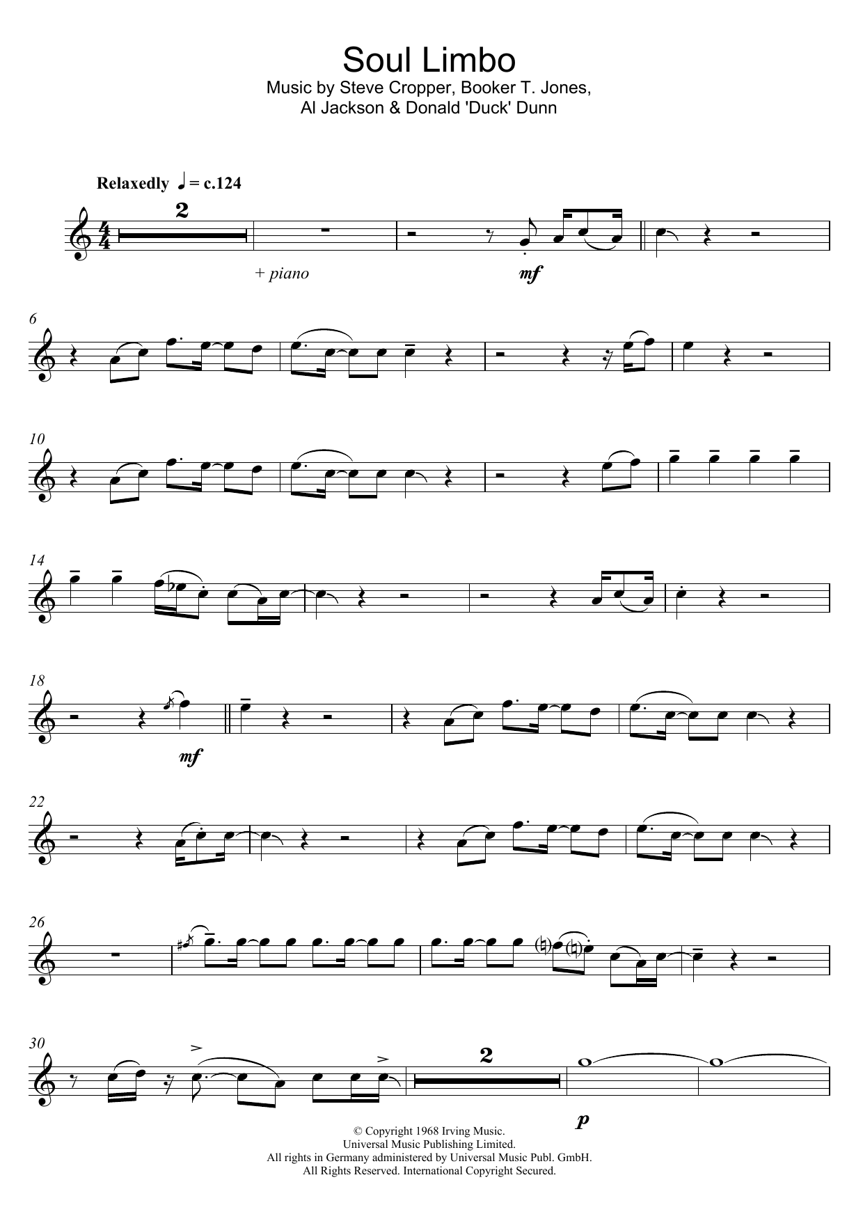 Booker T. and The MGs Soul Limbo sheet music notes and chords arranged for Flute Solo