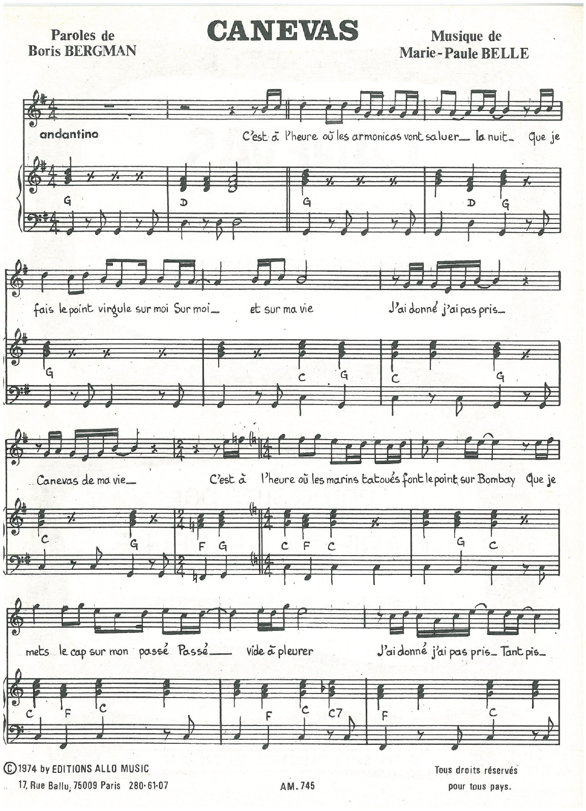 Boris Bergman and Marie Paule Belle Canevas sheet music notes and chords arranged for Piano & Vocal