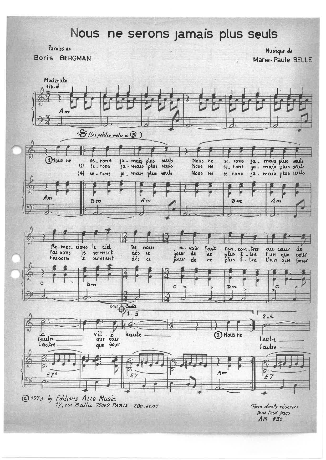 Boris Bergman and Marie Paule Belle Nous Ne Serons Jamais Plus Seuls sheet music notes and chords arranged for Piano & Vocal