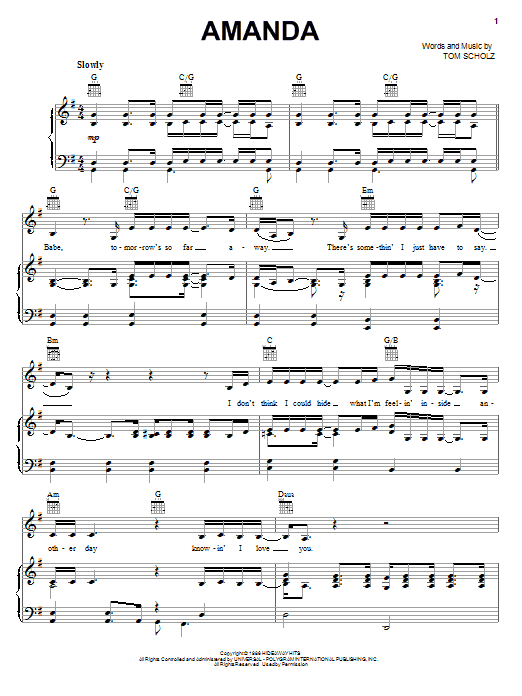 Boston Amanda sheet music notes and chords arranged for Piano, Vocal & Guitar Chords (Right-Hand Melody)