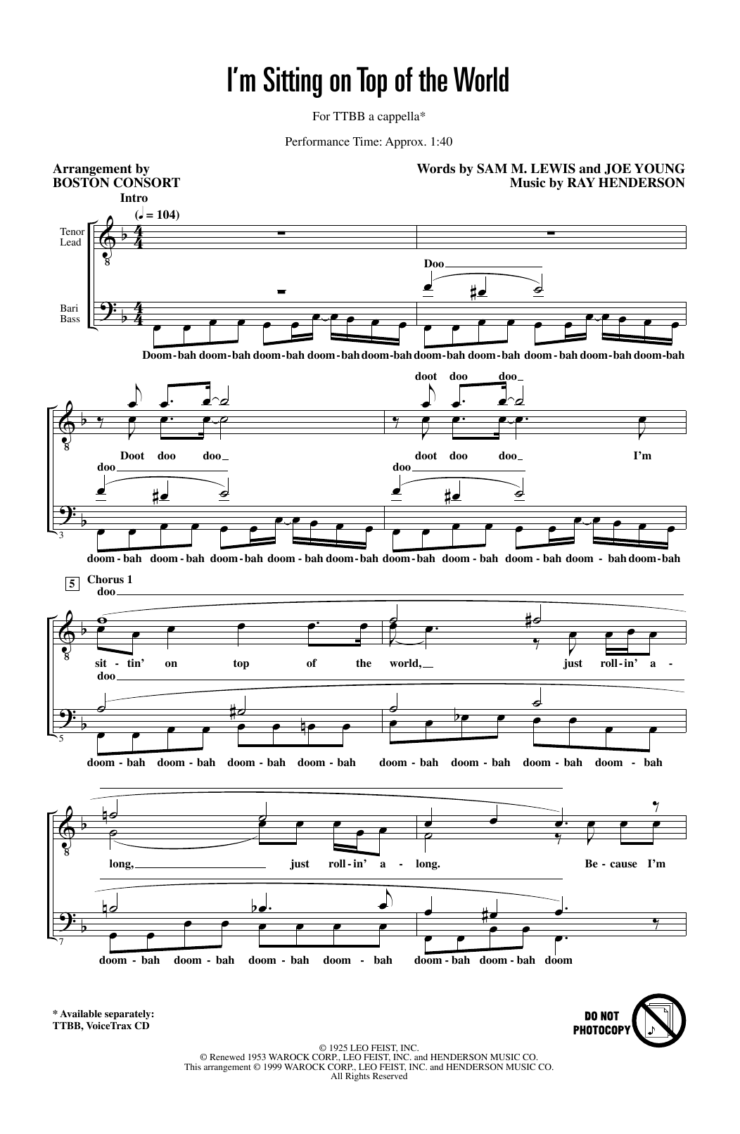 Boston Common I'm Sitting on Top of the World (arr. Boston Consort) sheet music notes and chords arranged for TTBB Choir