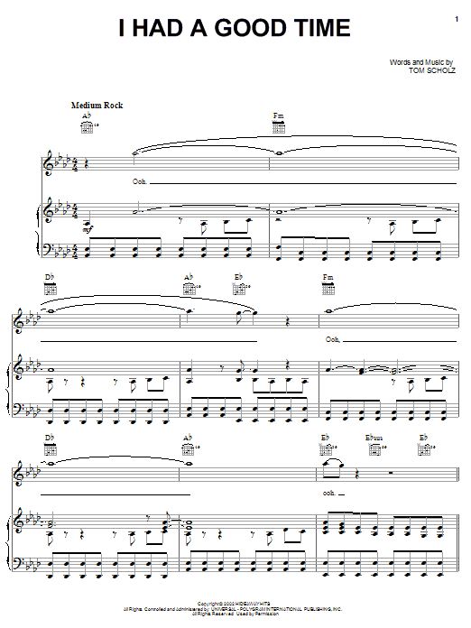 Boston I Had A Good Time sheet music notes and chords arranged for Piano, Vocal & Guitar Chords (Right-Hand Melody)