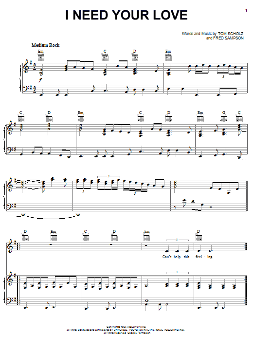 Boston I Need Your Love sheet music notes and chords arranged for Piano, Vocal & Guitar Chords (Right-Hand Melody)