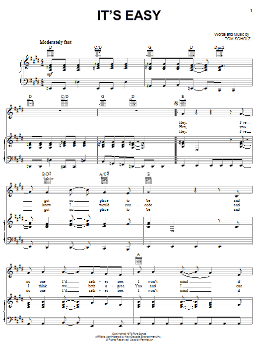 Boston It's Easy sheet music notes and chords arranged for Piano, Vocal & Guitar Chords (Right-Hand Melody)