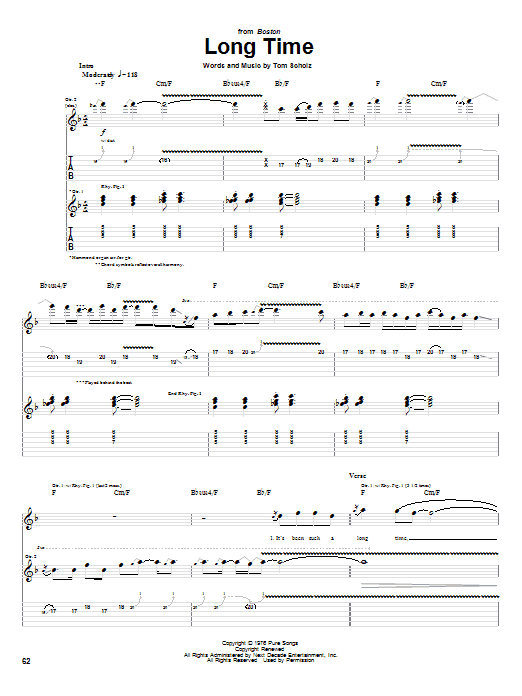 Boston Long Time sheet music notes and chords arranged for Piano, Vocal & Guitar Chords (Right-Hand Melody)