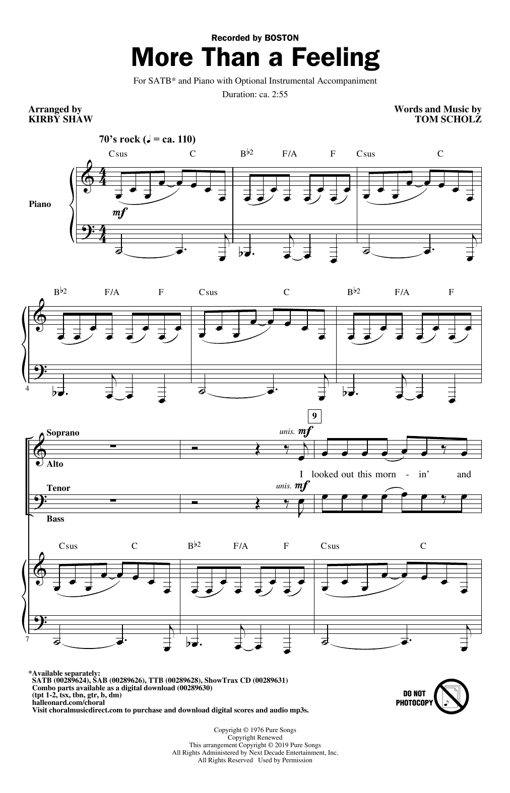 Boston More Than a Feeling (arr. Kirby Shaw) sheet music notes and chords arranged for SATB Choir