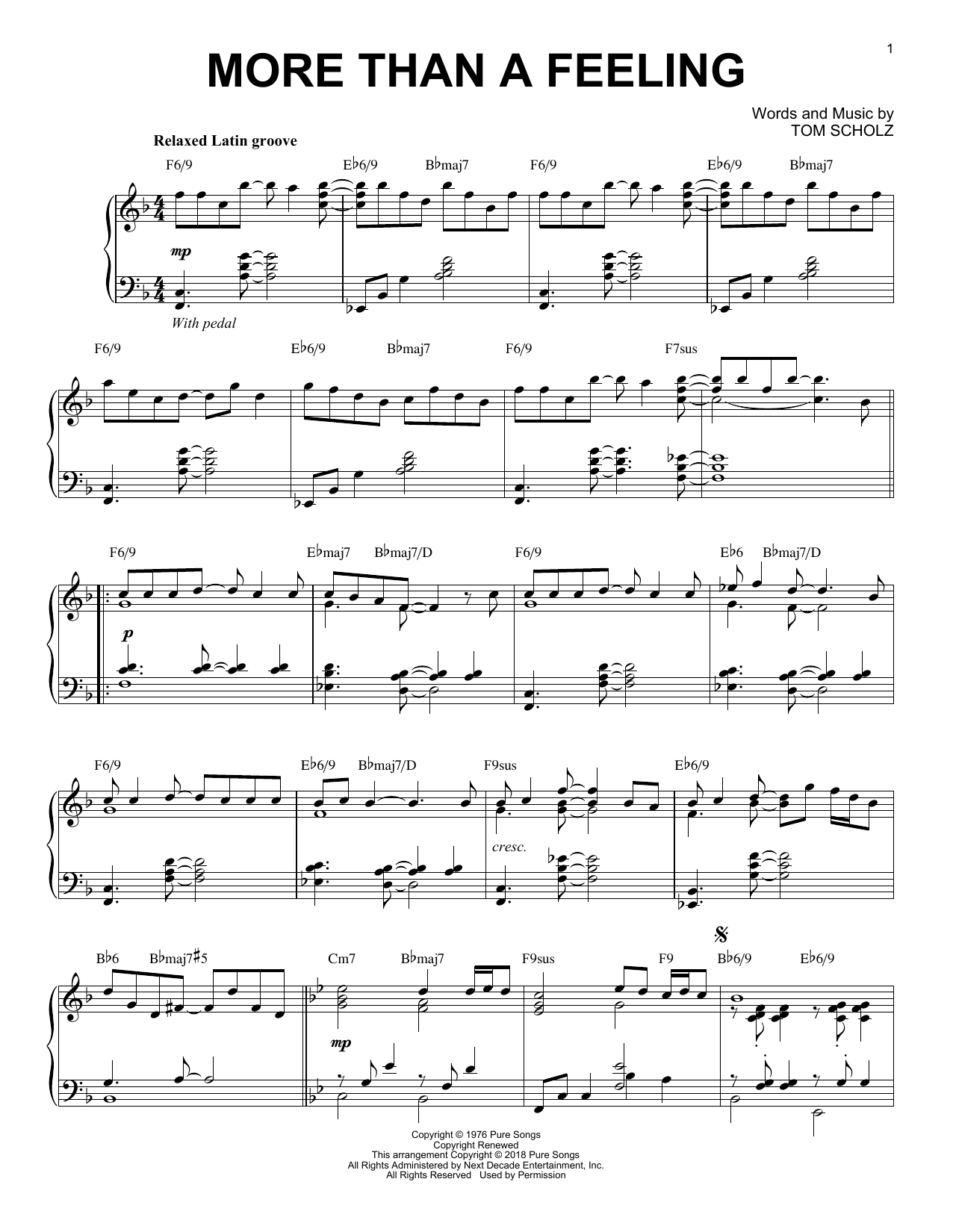 Boston More Than A Feeling [Jazz version] sheet music notes and chords arranged for Piano Solo