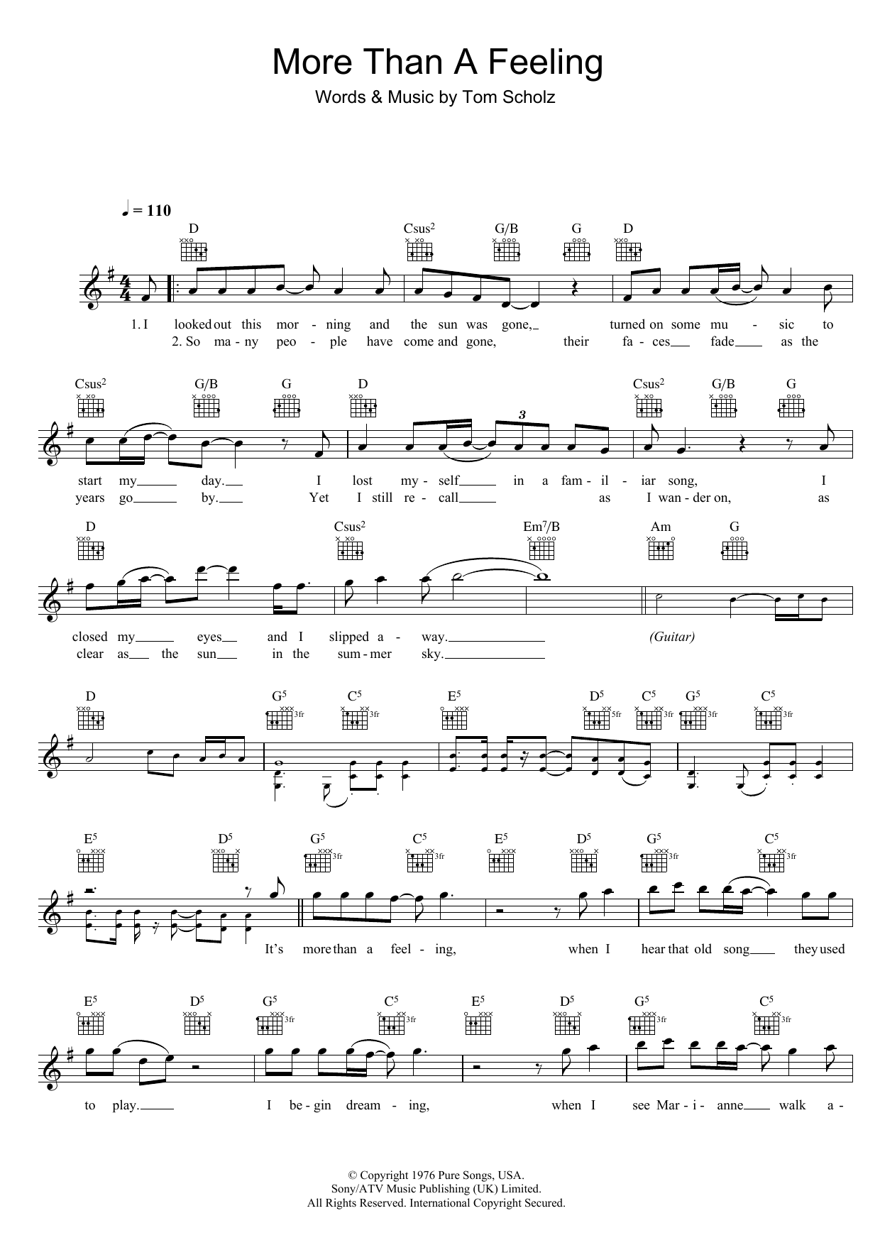 Boston More Than A Feeling sheet music notes and chords arranged for Lead Sheet / Fake Book