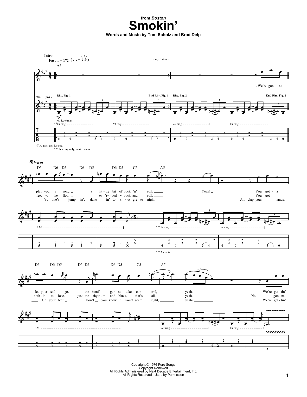 Boston Smokin' sheet music notes and chords arranged for Bass Guitar Tab