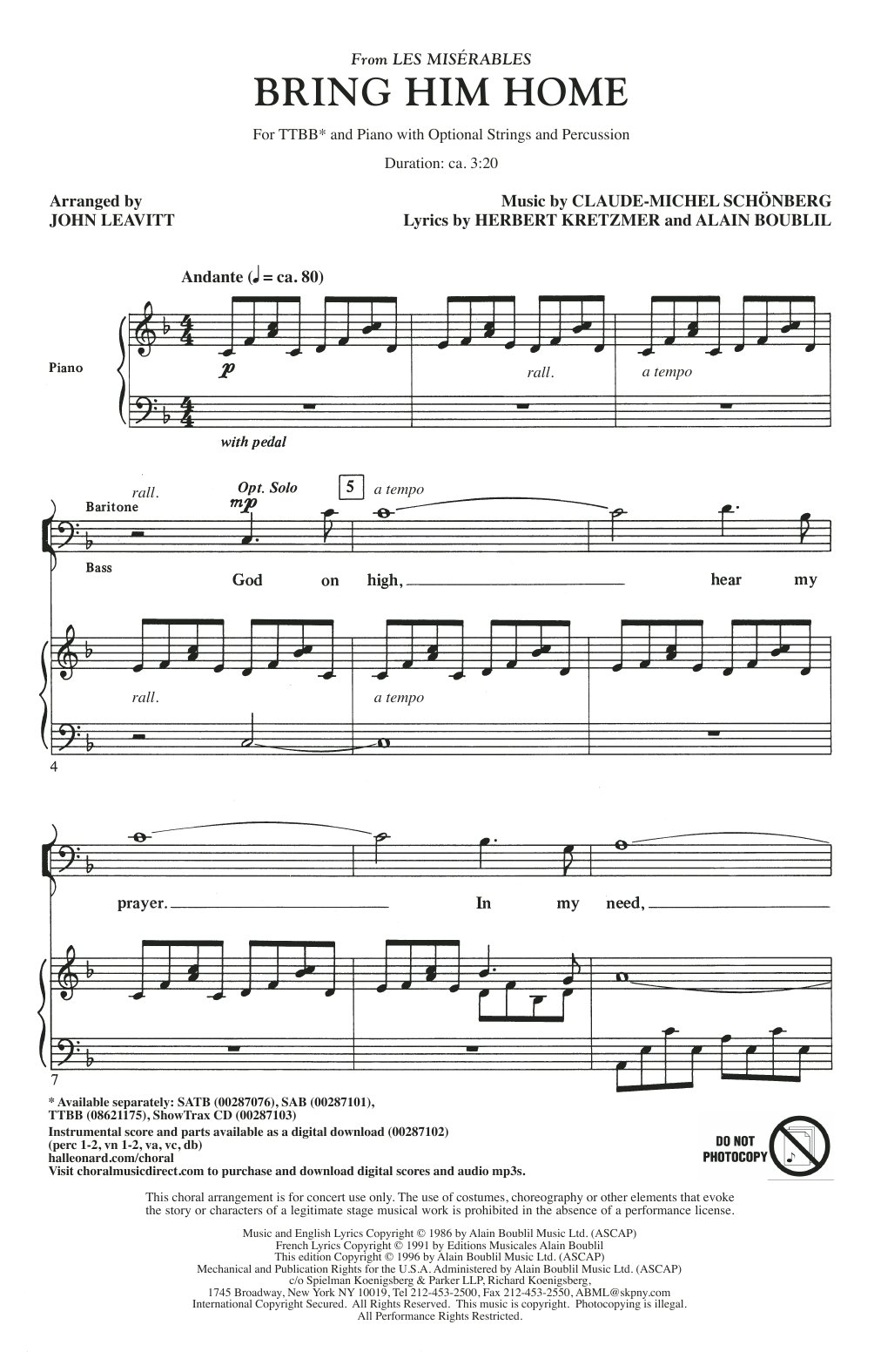 Boublil & Schonberg Bring Him Home (from Les Miserables) (arr. John Leavitt) sheet music notes and chords arranged for SATB Choir