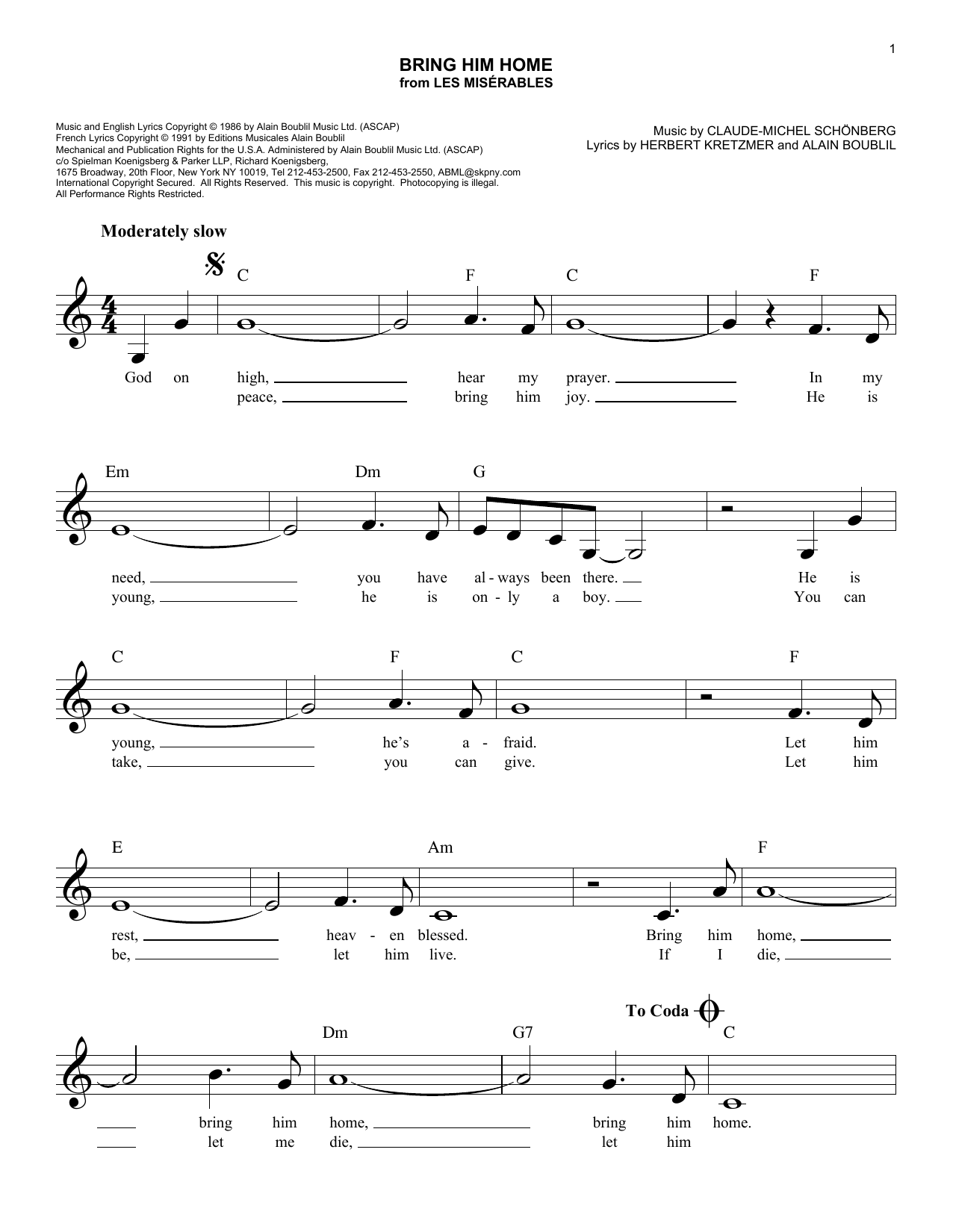 Boublil & Schonberg Bring Him Home (from Les Miserables) sheet music notes and chords arranged for Harp