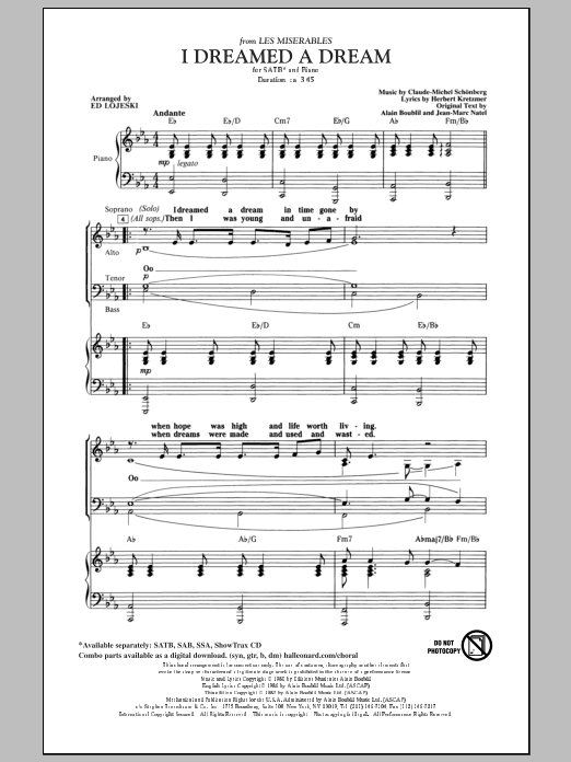 Boublil & Schonberg I Dreamed A Dream (from Les Miserables) (arr. Ed Lojeski) sheet music notes and chords arranged for SATB Choir