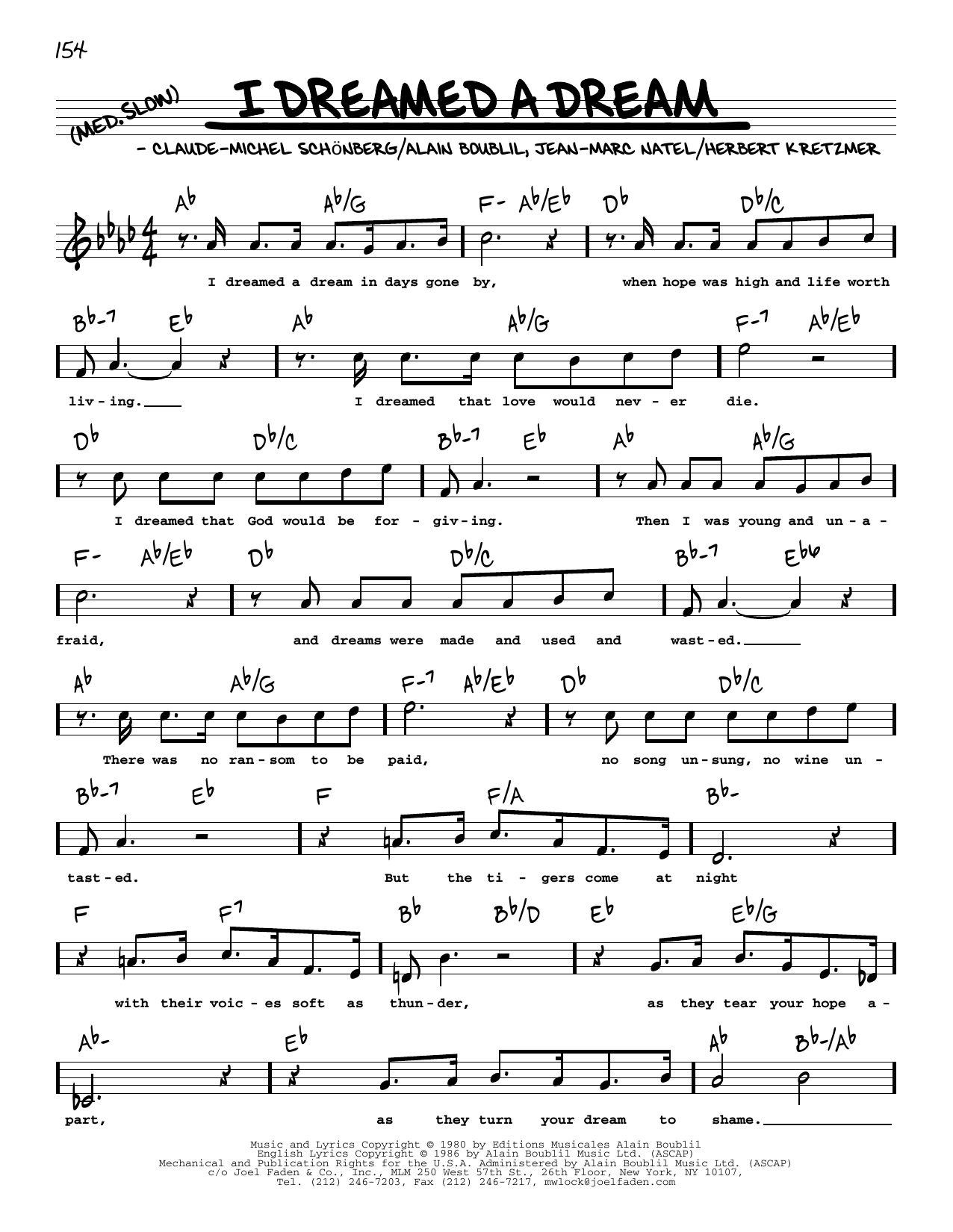 Boublil & Schonberg I Dreamed A Dream (from Les Miserables) (High Voice) sheet music notes and chords arranged for Real Book – Melody, Lyrics & Chords
