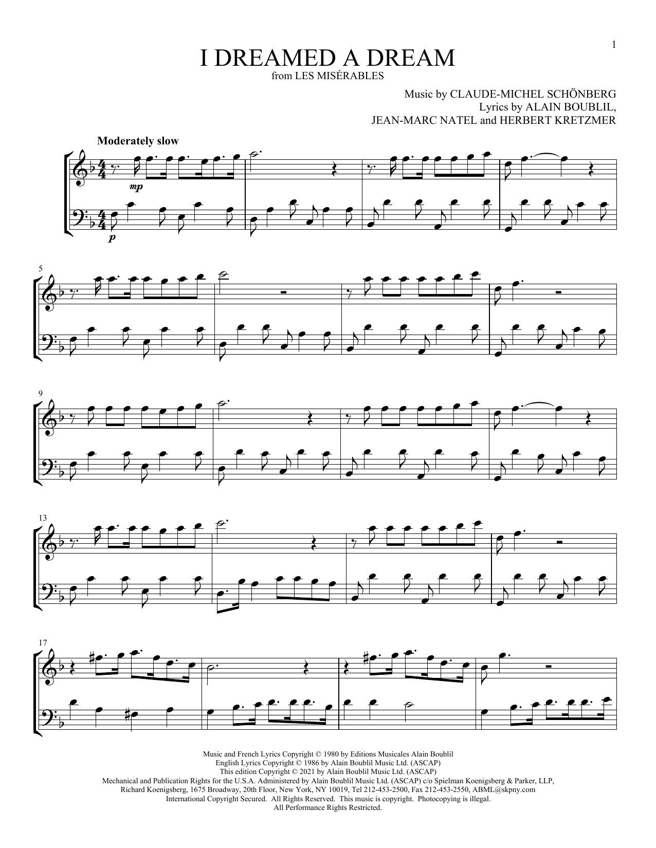 Boublil & Schönberg I Dreamed A Dream (from Les Miserables) sheet music notes and chords arranged for Instrumental Duet