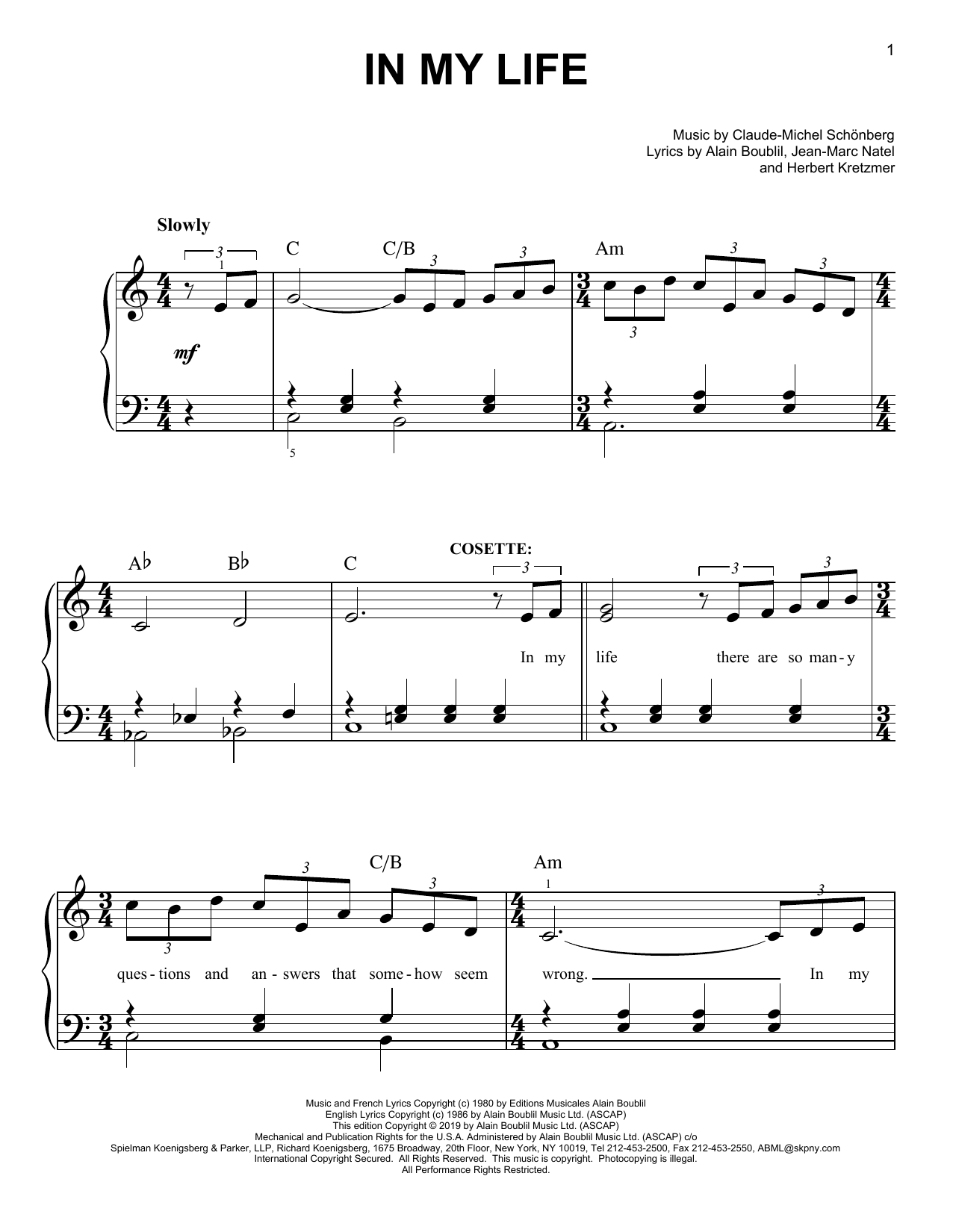 Boublil & Schonberg In My Life (from Les Miserables) sheet music notes and chords arranged for Easy Piano