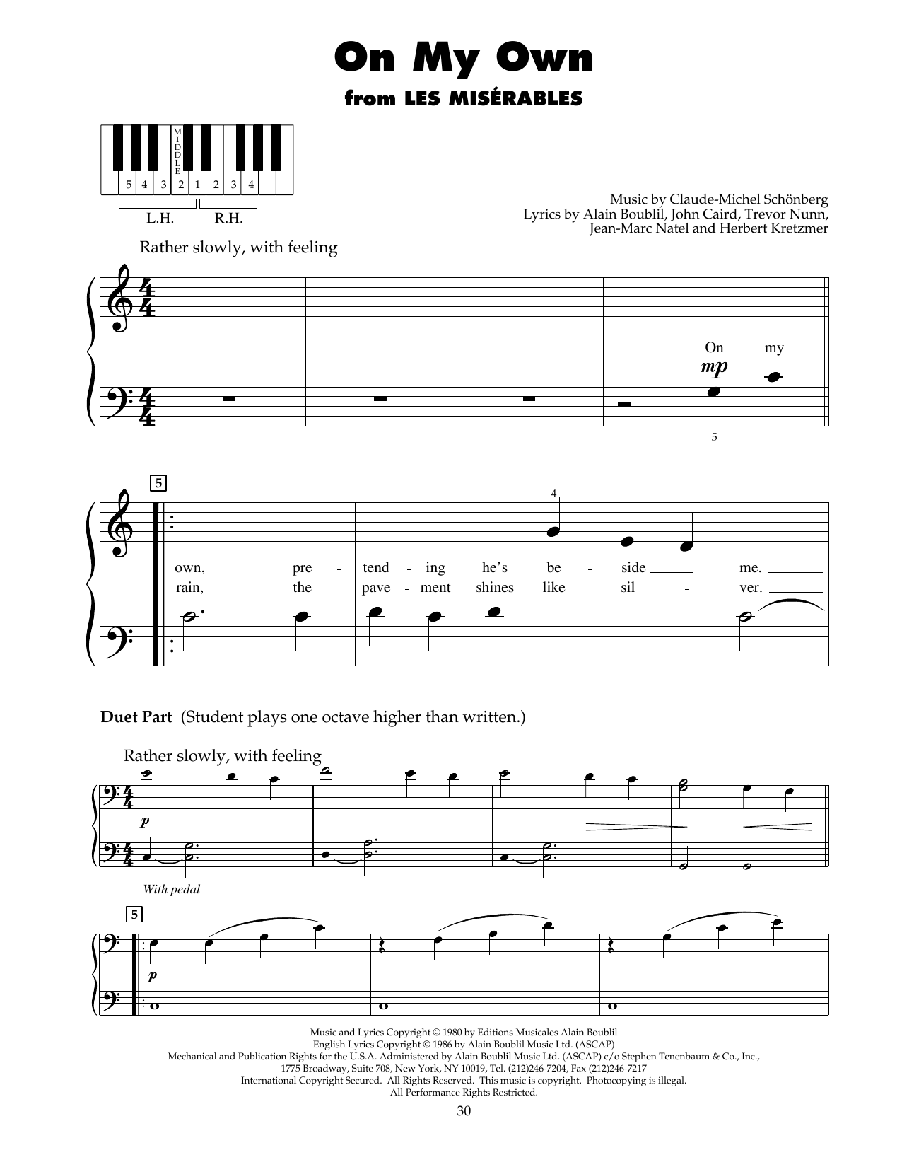 Boublil & Schonberg On My Own (from Les Miserables) sheet music notes and chords arranged for 5-Finger Piano