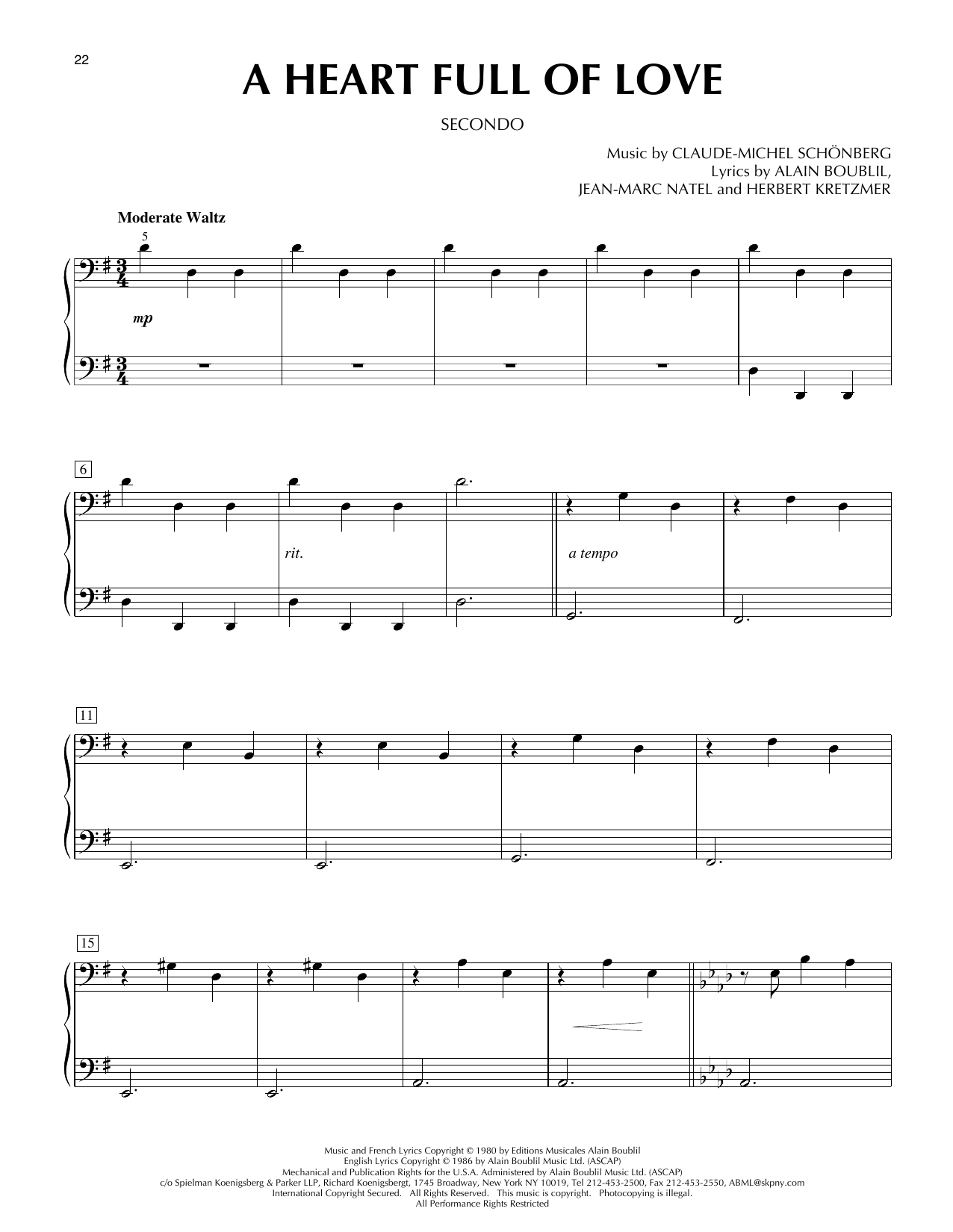 Boublil & Shonberg A Heart Full Of Love (from Les Misérables) sheet music notes and chords arranged for Piano Duet